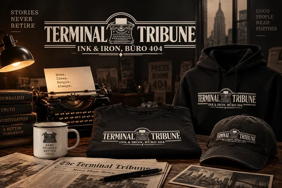 Tasse, T-Shirt, Hoodie und Cap mit dem Schriftzug Terminal Tribune — Ink & Iron, Büro 404